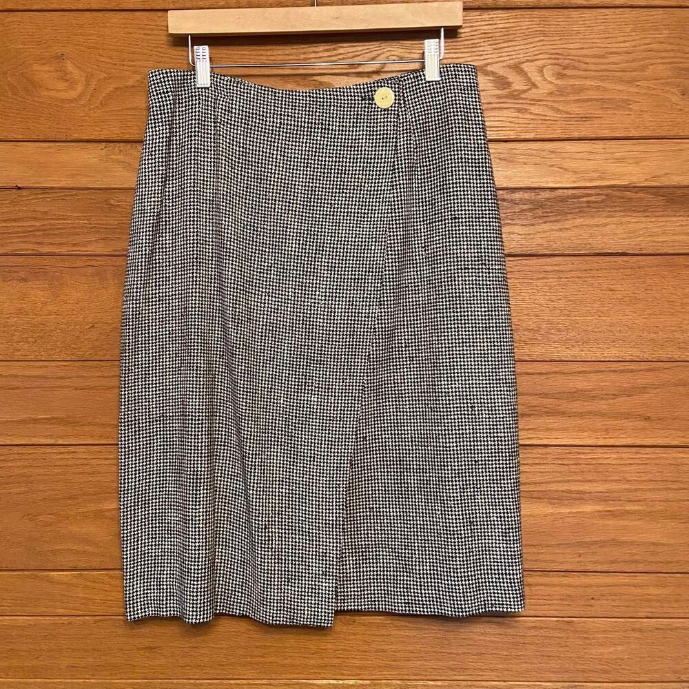Vintage 90s Ann May silk houndstooth black white wrap front skirt